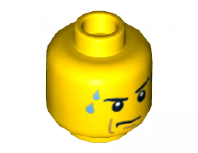 Minifigure, Head Male Stern Black Eyebrows, White Pupils, Frown, Sweat Drops Pattern - Hollow Stud