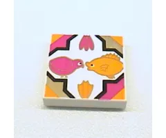 Tile 2 x 2 with Bird, Fish, Flowers in Quatrefoil Magenta/Gold/Medium Orange Pattern