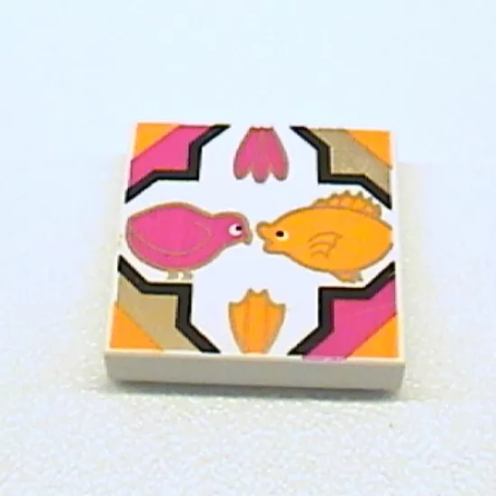 Tile 2 x 2 with Bird, Fish, Flowers in Quatrefoil Magenta/Gold/Medium Orange Pattern