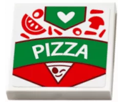 Tile 2 x 2 with 'PIZZA' Box, Toppings, White Heart and Pizza Slice Pattern (Sticker) - Set 41311