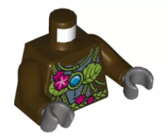 Torso Gorilla with Leaf Top and Belt, Pink Flowers and Blue Round Jewel (Chi) Pattern / Dark Brown Arms / Dark Bluish Gray Hands