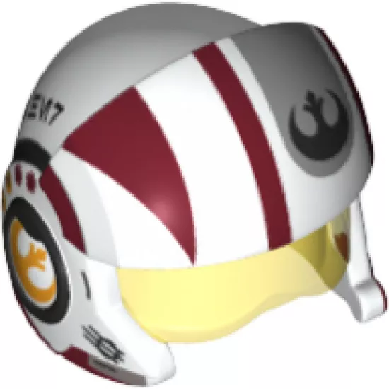 Minifigure, Headgear Helmet SW Rebel Pilot Raised Front and Microphone with Trans-Yellow Visor with Dark Red Stripes and Black Rebel Logo Pattern