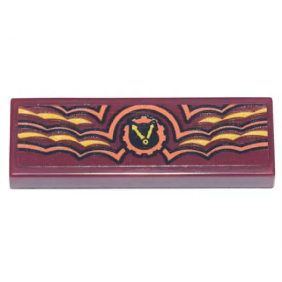 Tile 1 x 3 with Clock with Orange Gear Outline and Yellow Hands (Time Twins Symbol) with Orange, Black and Yellow Layers Pattern (Sticker) - Set 71741