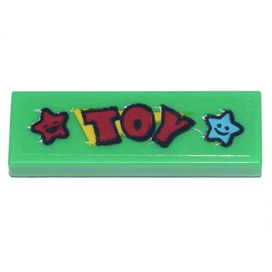 Tile 1 x 3 with Red 'Toy' and Red and Medium Azure Stars with Smiley Faces Pattern (Sticker) - Set 71741
