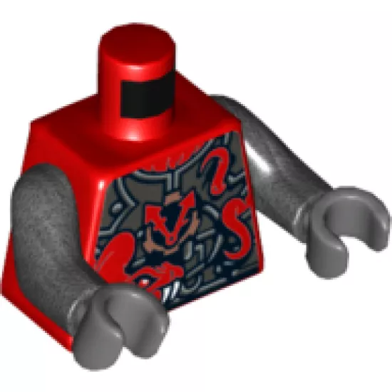 Torso Ninjago Metallic Silver Armor with 2 Large Red Snakes with White Fangs and Clock Pattern / Pearl Dark Gray Arms / Dark Bluish Gray Hands
