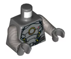 Torso Silver Plate Armor, Orange and Yellow Circle, Yellow Highlights Pattern / Flat Silver Arms / Dark Bluish Gray Hands