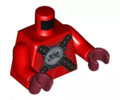 Torso Nexo Knights Bare Chest with Silver Circular Chest Armor with Straps Pattern / Red Arms / Dark Red Hands