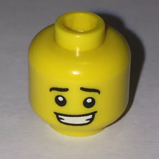 Minifigure, Head Black Eyebrows, White Pupils, Crooked Open Mouth Smile with Teeth Pattern - Hollow Stud