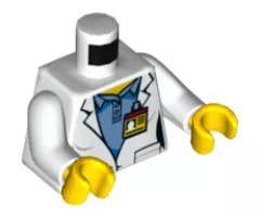 Torso Female Lab Coat over Medium Blue Shirt, ID Badge on Front, Space Shuttle Logo on Back Pattern / White Arms / Yellow Hands