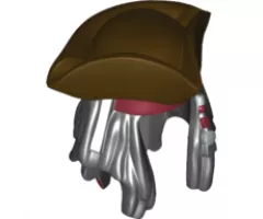 Minifigure, Hair Combo, Hair with Hat, Dreadlocks with Beads, Dark Red Bandana Pattern and Pirate Tricorne / Triangle